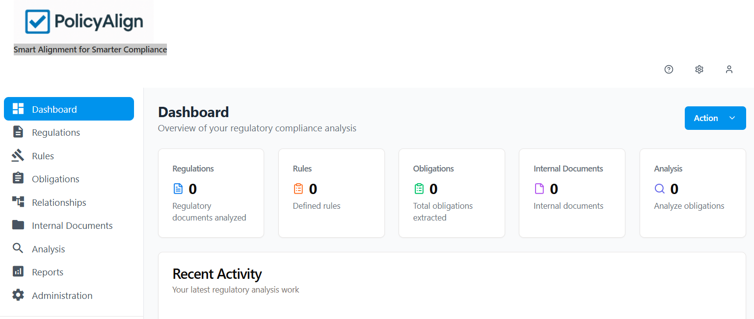 PolicyAlignment dashboard with regulatory analysis navigation, activity, and summary cards